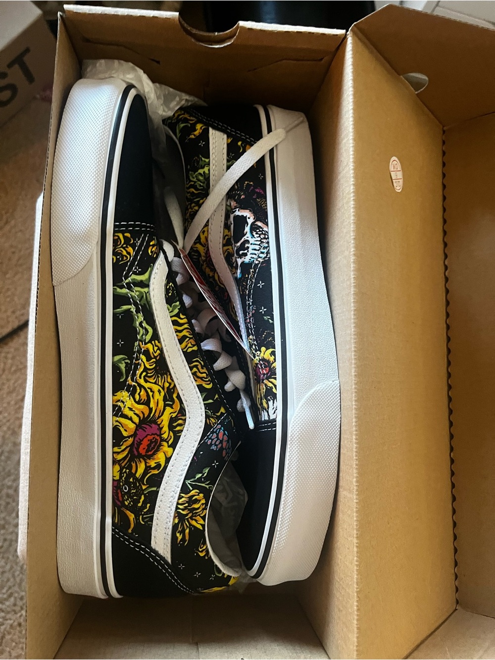 Vans Black Sneakers with Yellow Floral Print and White Stripe